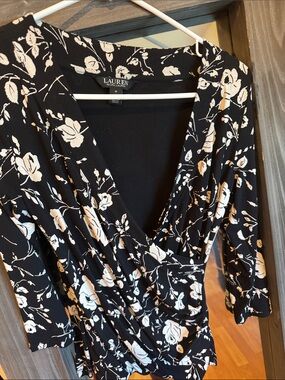 Lauren Ralph Lauren Black and White Floral Wrap Top